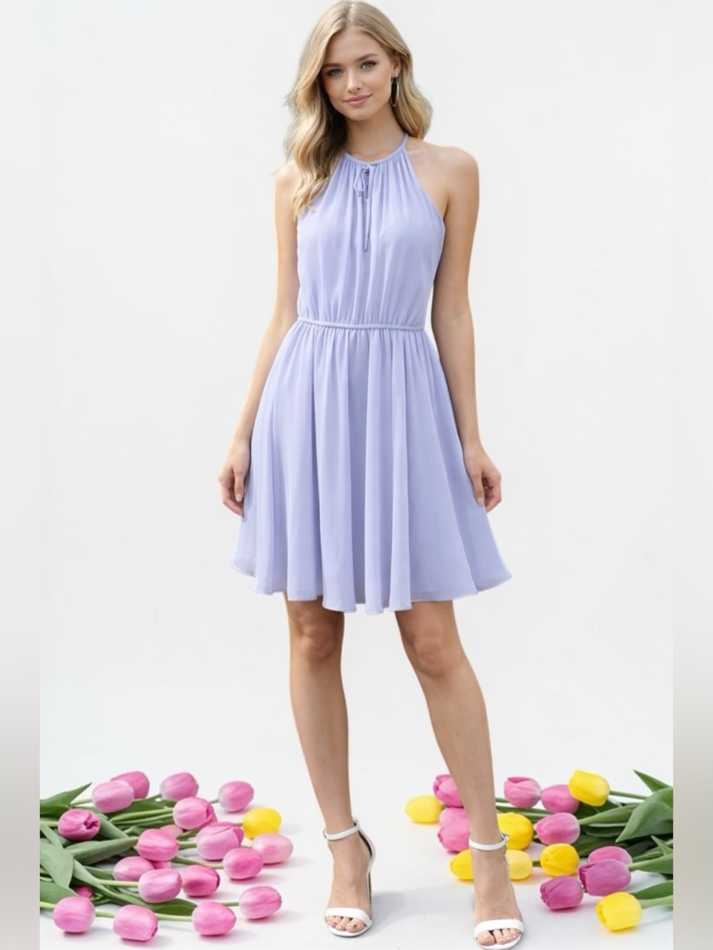 Sleeveless Lilac Halter Mini Dress with Elastic Waist
